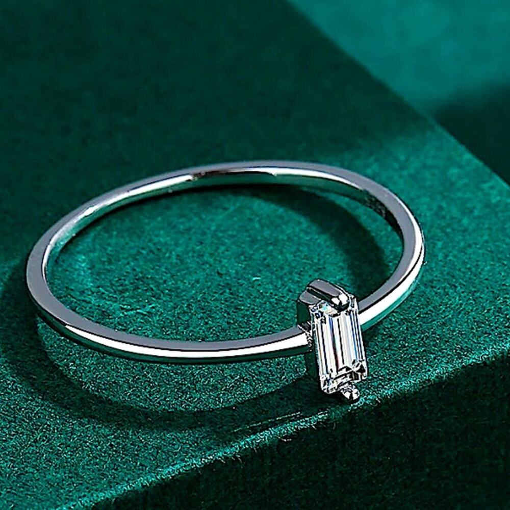 Sterling Silver Rectangular Cubic Zircon Ring Minimalist, Dainty Diamond